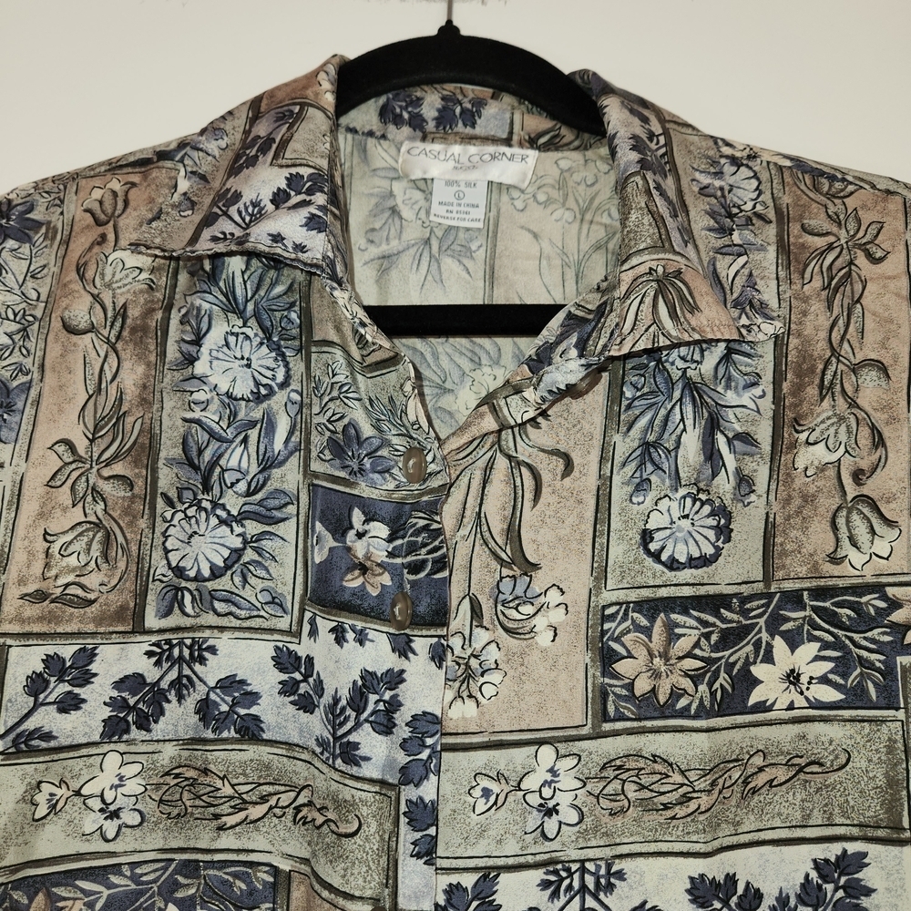 Casual Corner 100% Silk Floral Patchwork Vibe Blouse Size L Brown/Blue/Green - Picture 3 of 10